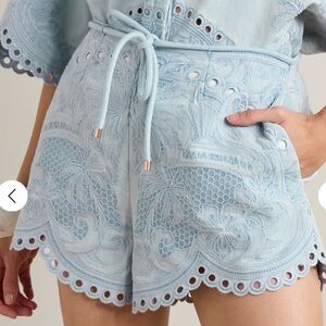 Zimmermann Light Blue Embroidered Eyelet Drawstring Shorts